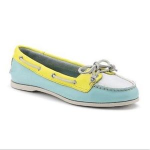 Aqua, white, and yellow topsider